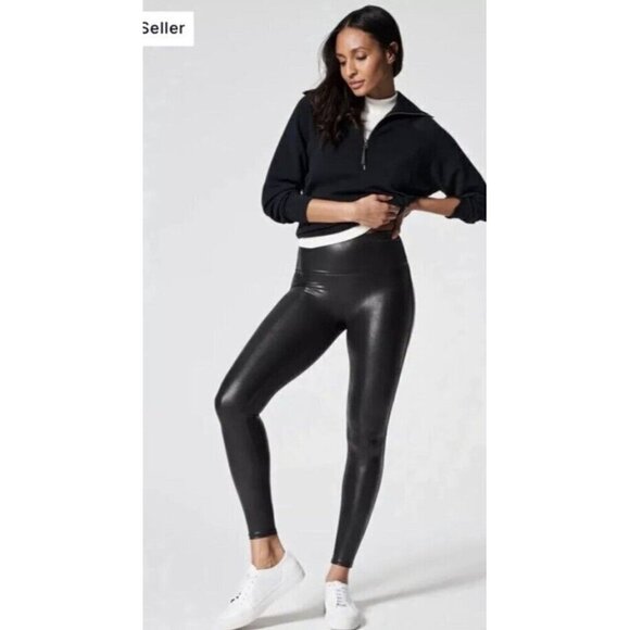 SPANX Black Faux Leather Leggings Womens Size L Large Black Shapewear Shiny 2437 - Picture 1 of 10